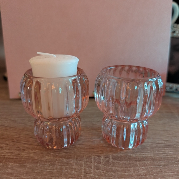 Pink Ribbed Glass Candle Holders - Picture 2 of 7